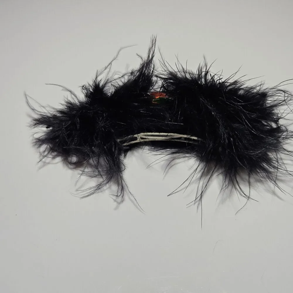 Black Feathery Orange Halloween Pumpkin Barrette Silver Tone